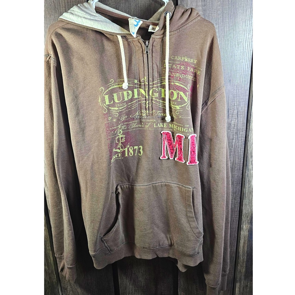 Blue 84 Mens XL Brown Ludington Michigan MI Graphic Full Zip Hoodie Sweatshirt